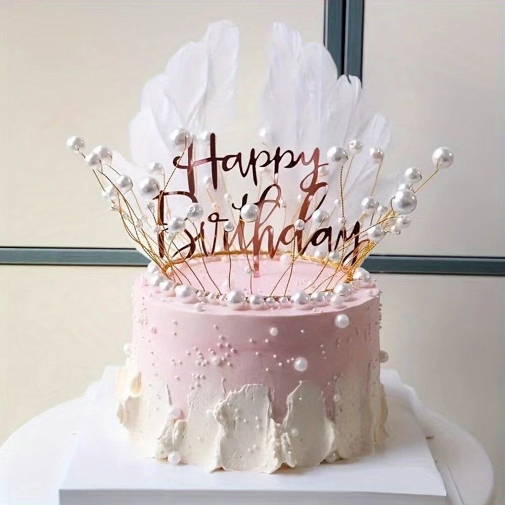3 Pcs Feather Pearl Crown & Birthday SIgn Topper